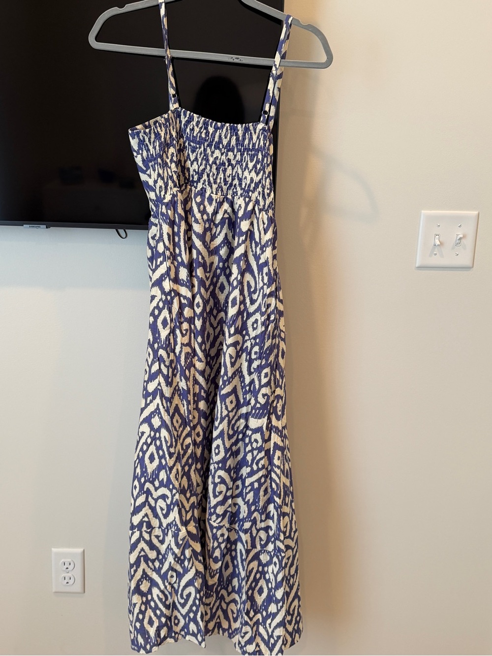 Blue & White Printed Maxi Dress with Smocked Bodice